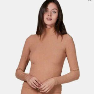 LETT Marseille Camel Turtleneck Ribbed Lounge Top, Size XS